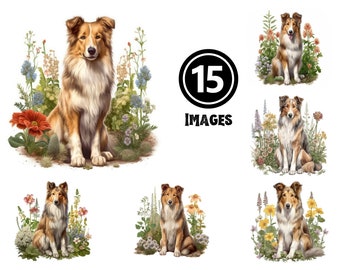 Rough Collie Puppy Watercolor Clipart: 15 Dog Illustrations (Digital Download)