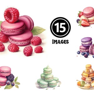 Aquarel Macarons Clipart bundel delicaat gebak illustraties afdrukbare Dessert Art keuken Decor zoete lekkernijen zoetwaren downloaden