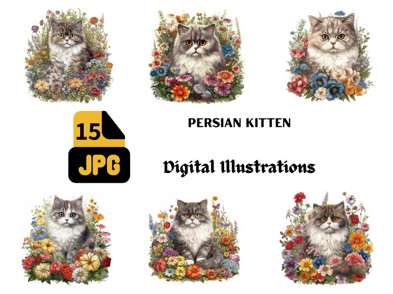 Persian Kitten Clipart Set 15 JPG Illustrations Luxurious Cat Digital