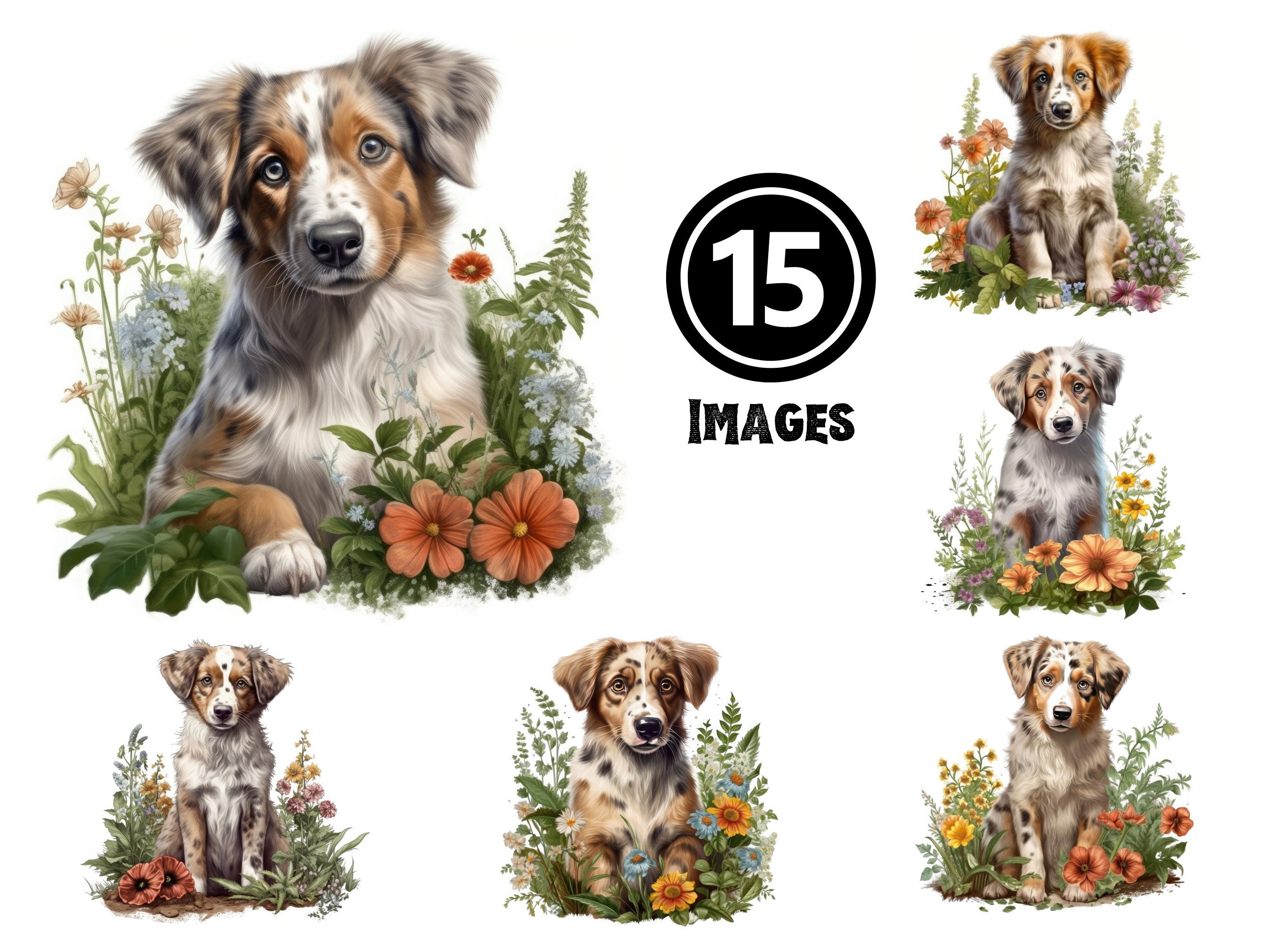 Australian Shepherd Puppy Clipart Set 15 JPG Illustrations Energetic ...