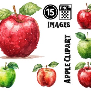 Watercolor Apple Clipart PNG, Fruits Clip art, Watercolor Apples Printable Art, Clipart Bundle Instant Download File