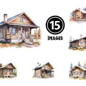 Aquarel houten hut clipart bundel rustieke retraite illustraties gezellige Cottage Art afdrukbare natuur landschap Home decor digitale download