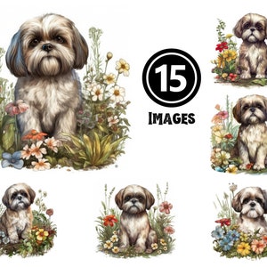Shih Tzu Puppy Clipart Set 15 JPG Illustrations Adorable Pet Digital Download Fluffy Dog Art Nursery Decor Animal Lover Gift Ideas