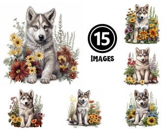 Può includere: Una collezione di 15 immagini digitali con un adorabile cucciolo di husky seduto in un letto di fiori colorati. Il cucciolo è grigio e bianco con gli occhi azzurri. I fiori sono un mix di rosso, giallo e viola.