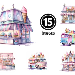 Watercolor Ice Cream Shop Clipart Set 15 JPG Illustrations Digital Download Sweet Dessert Art for Projects Party Decor DIY Crafting Ideas