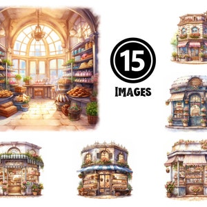 Bakkerij winkel aquarel clipart bundel gezellige café scènes ambachtelijke gebakjes afdrukbare bakken kunst zoete lekkernijen decor bakkers cadeau digitale download