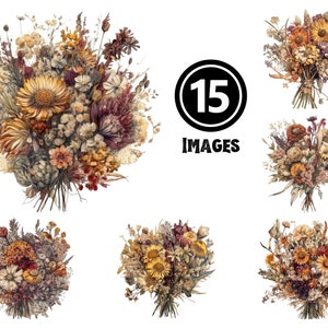 Ensemble de 15 cliparts bouquet de fleurs séchées, illustrations JPG, décoration rustique, téléchargement numérique, conception de mariage bohème, création d'art floral vintage
