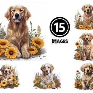 Golden Retriever Puppy Watercolor Clipart, Floral Puppy 15 JPG Illustration Cute Retriever New Puppy Gift Modern Clipart