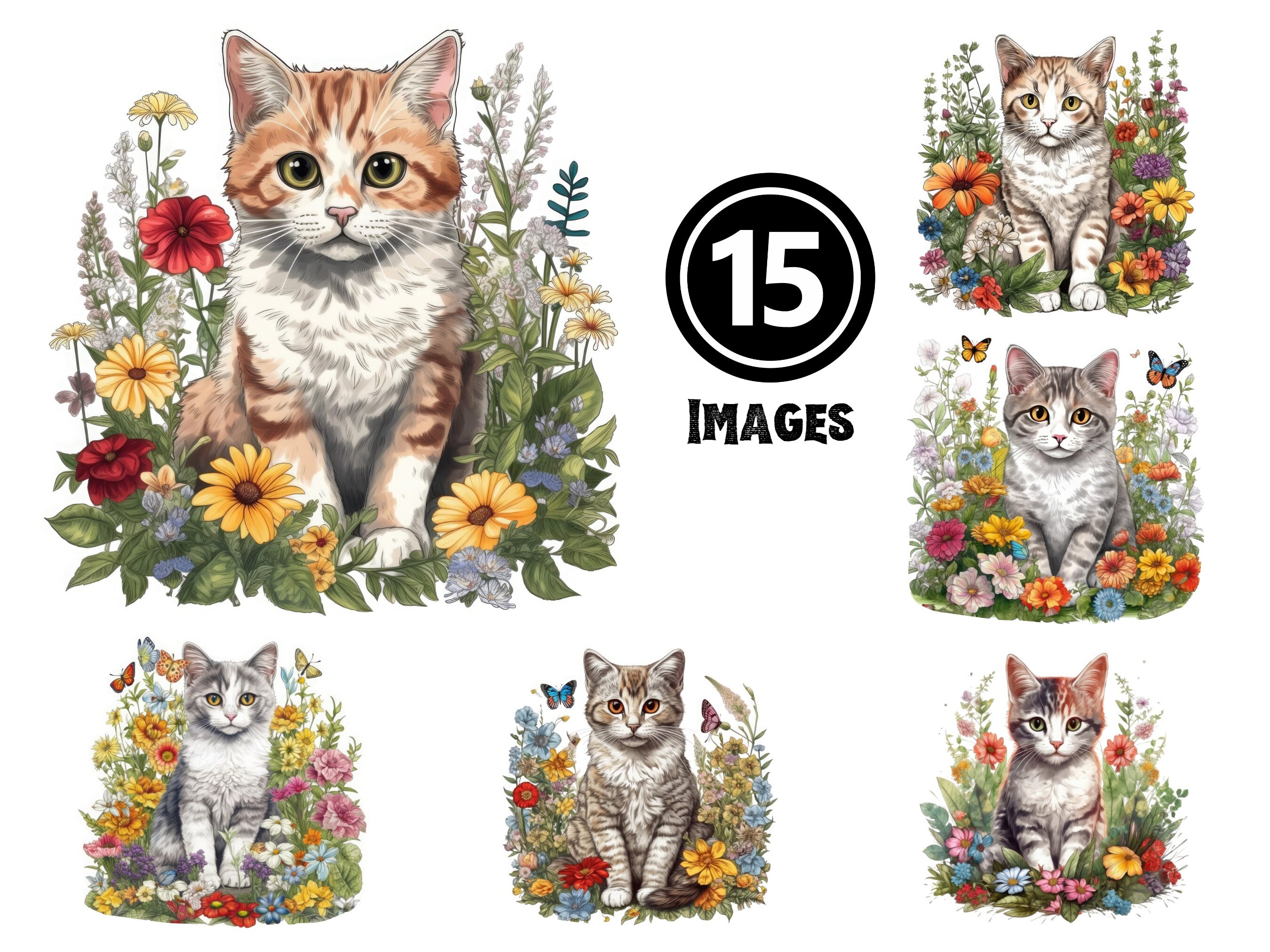 Ragamuffin Kitten Clipart: 15 Fluffy Cat Illustrations (JPG