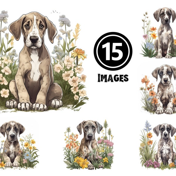 Great Dane Puppy Clipart Set 15 JPG Illustrations Gentle Giant Digital Download Majestic Dog Art Home Decor Animal Lover Gift Ideas