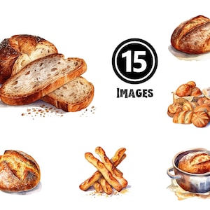 Pão aquarela clipart pacote ilustrações de padaria artesanal para impressão pães gourmet decoração de cozinha casa cozimento arte de parede download digital