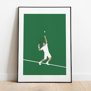 May include: A framed illustration of a tennis player in a white uniform, swinging a tennis racket to hit a yellow ball on a green court.