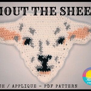 Peut inclure: Patron de crochet pour une applique de mouton blanche avec des détails gris et roses. Le patron s'appelle "Mout the Sheep" et est un téléchargement PDF. L'image comprend également le texte "Patch / Applique - PDF Pattern" et un logo pour "Horizon Crochet".