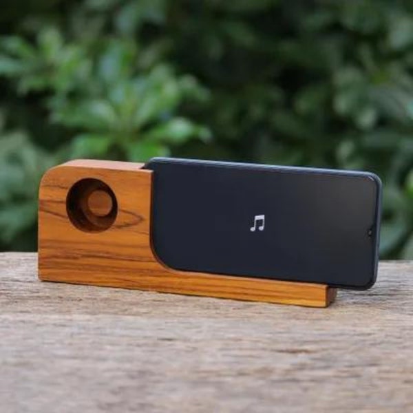 Altoparlante per smartphone in legno fatto a mano, vivavoce in legno, amplificatore telefonico passivo, altoparlante acustico per iPhone, supporto per telefono in legno