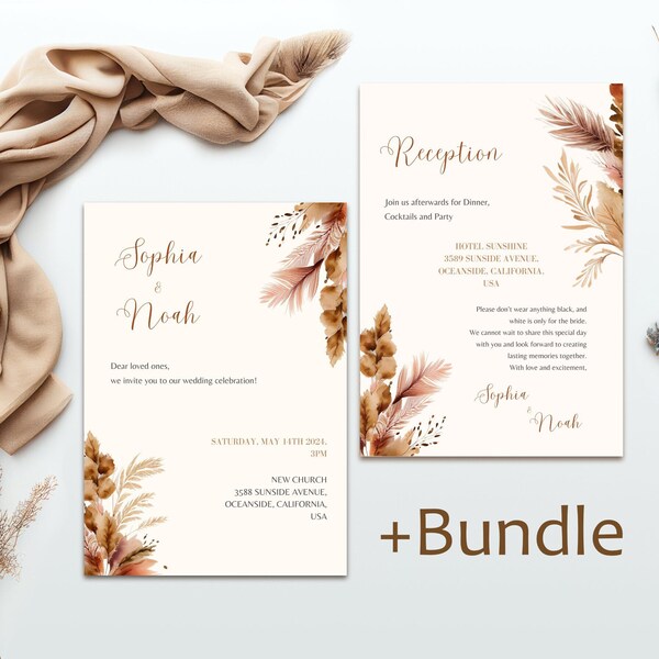 Boho Hochzeit Einladung Template, editierbares & druckbares Vorlagen-Paket, Sofort-Download