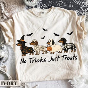 Tax Halloween-tröja, rolig wienerhund-tröja, söt hundälskare-present, retro spöklik säsongstopp, inga trick bara godis grafiska husdjurskläder