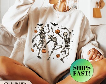 Dancing Skeletons Sweatshirt Retro Halloween Crewneck Spooky Season Sweater Cute Fall Graphic Top Vintage Autumn Trick or Treat Gift