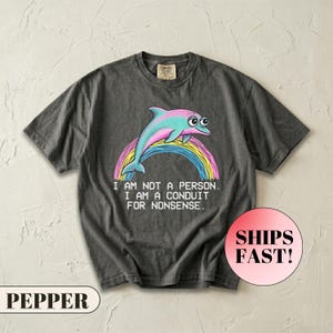 May include: Dark grey t-shirt featuring a cartoon dolphin with a rainbow and the text "I AM NOT A PERSON. I AM A CONDUIT FOR NONSENSE." The shirt is made of a soft material.