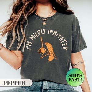 Puede incluir: Camiseta gris oscuro con la frase "I'M MILDLY IRRITATED" sobre una ilustración de dibujos animados de un camarón con una regadera. La camiseta tiene un corte holgado y es de material suave.