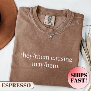 May include: Espresso-coloured t-shirt with the text "they/them causing may/hem." A silver necklace with a pendant is draped across the shirt. The shirt has a crew neck and short sleeves. The shirt is labelled "Comfort Colors" and is size S-CH.