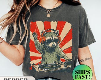 DJ Raccoon Shirt, Funny DJ Gift, Comfort Colors Tee, Retro Music Lover, Trash Panda, Vinyl Record, Techno House, Rave Outfit, Cool Animal