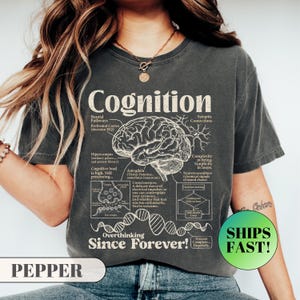 Könnte beinhalten: Dunkelgraues T-Shirt mit dem Wort "Cognition" und einem Diagramm des Gehirns. Das Shirt zeigt auch den Text "Overthinking Since Forever!" und "SHIPS FAST!" auf einem grünen Kreis.