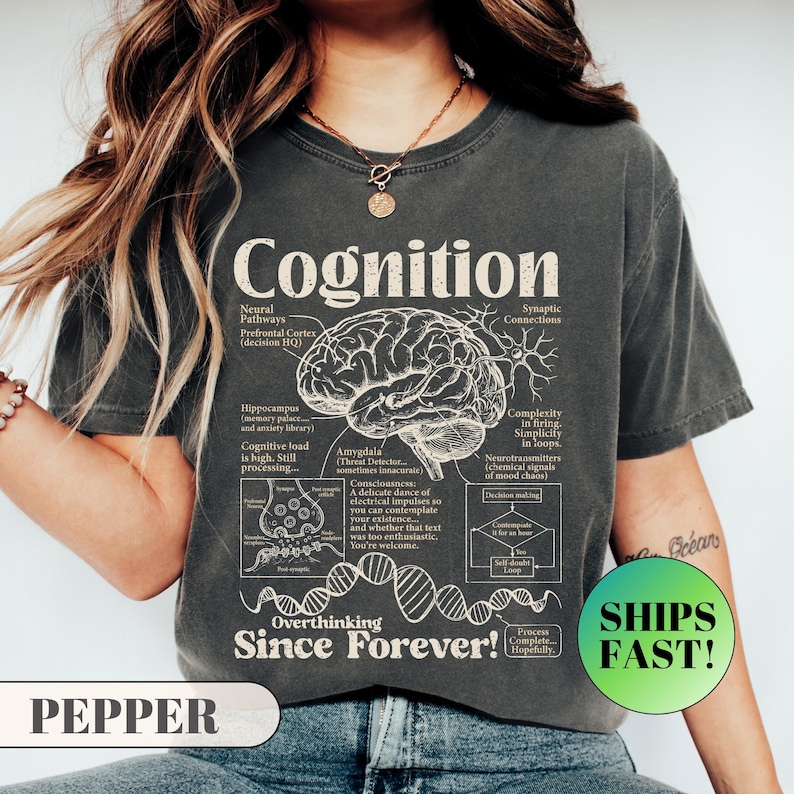 A model wearing a relaxed fit graphic t-shirt featuring a vintage anatomical diagram of a brain, synapses, and a DNA strand. The text reads Cognition and Overthinking Since Forever! with humorous scientific labels like Self-doubt Loop. A funny graphic tee for overthinkers and psychology lovers.