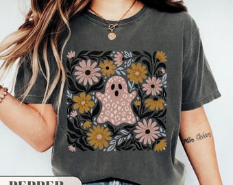 Maglietta Boho Fantasma, Maglietta Floreale Halloween, Top Fantasma Leopardato, Stile Retro Spettrale, Abbigliamento Autunno Carino, Maglietta Grafica Autunno Trendy, Vestiti Estetici