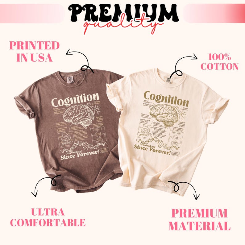 May include: Two t-shirts, one brown and one cream, each with a brain diagram and the word "Cognition." The text "Since Forever!" is below the diagram. The shirts are labelled "Printed in USA," "Ultra Comfortable," "100% Cotton," and "Premium Material."