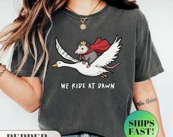 Maglietta "We Ride At Dawn", Colori comodi, Divertente maglietta con opossum, Meme dell'oca squilibrata, Regalo per gli amanti degli opossum, Top oversize, Migliore amico caotico