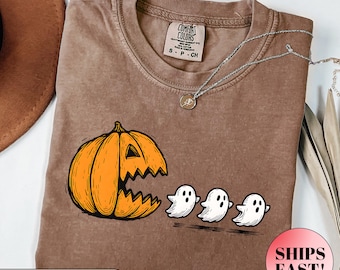 Divertente maglietta di Halloween con zucca di Pacman, grafica retrò con fantasma, top per la stagione spettrale, regalo per gamer, outfit per dolcetto o scherzetto, abbigliamento autunnale carino
