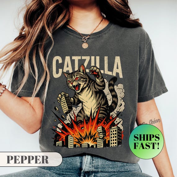 Catzilla Shirt, Funny Cat Tee, Japanese Monster Gift, Retro Kaiju T-Shirt, Giant Kitten Top, Vintage Style Apparel, Cat Dad Shirt