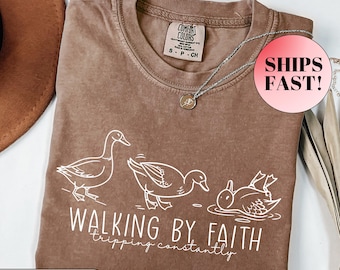 Funny Christian Shirt Walking By Faith Tripping Constantly Tee Cute Duck Graphic Top Religious Humor Apparel Retro Faith Gift Church Outfit