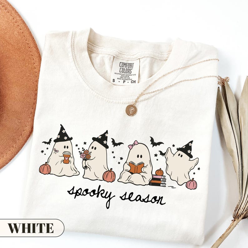 Söt spöktröja, läskig säsongströja, retro Halloweentröja, höstläsningskläder, present till kaffeälskare, kawaii boklig t-shirt bild 7