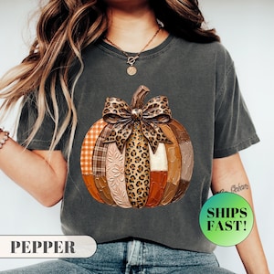 Fall Pumpkin Shirt, Leopard Print Bow Tee, Boho Autumn Shirt, Patchwork Pumpkin Top, Coquette Fall Apparel, Cute Thanksgiving Shirt