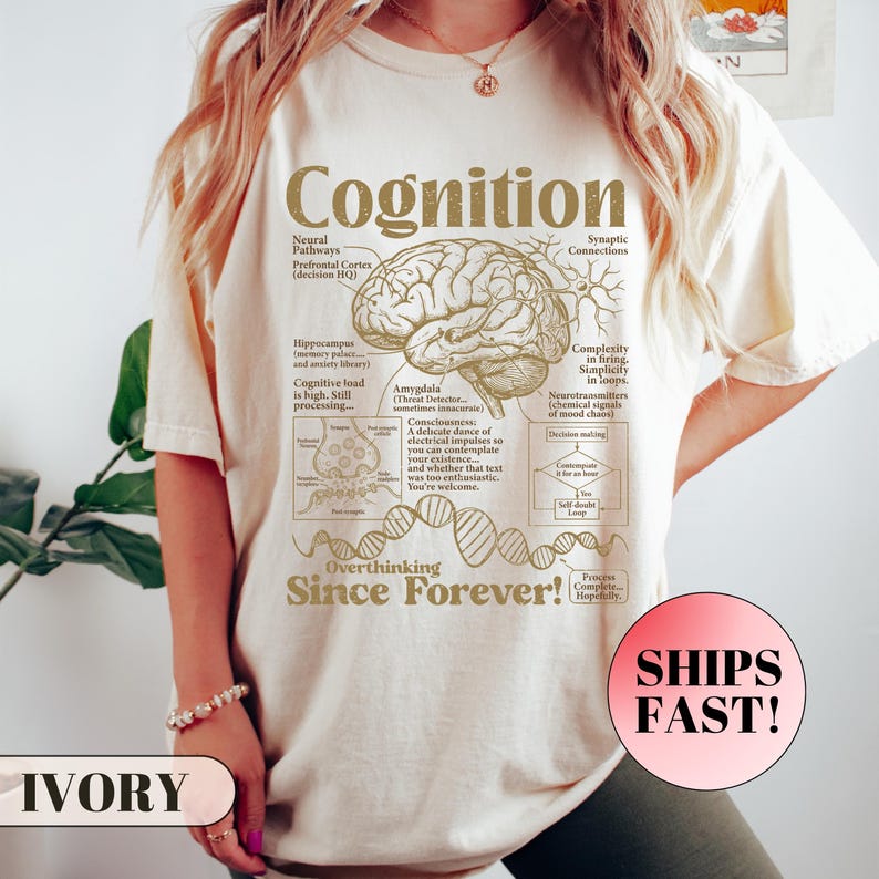 May include: Cream-coloured t-shirt featuring the word "Cognition" in gold, accompanied by a brain diagram and related processes. The text "Overthinking Since Forever!" is below. A pink circle with "SHIPS FAST!" is visible.