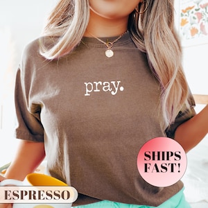 May include: A brown t-shirt with the word "pray." printed in white on the front. The t-shirt is being worn by a person with long blonde hair. The text "SHIPS FAST!" is printed on a red circle sticker on the bottom right corner of the image.