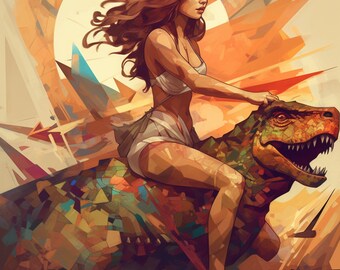 01 Geometrischer Präzisionismus Höhlenfrau auf Dinosaurier