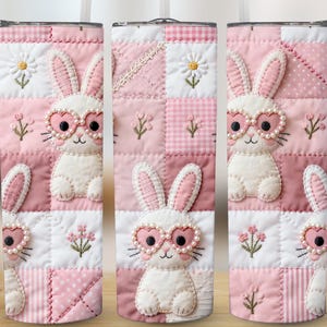 Kokette Hase Patchwork Tumbler Wrap PNG, Pastell niedlichen Kaninchen mit Perlen Gläser, Ostern Frühling Sublimation, digitaler Download