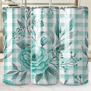 Floral Skinny Tumbler Wrap, Seamless PNG Digital Download, 20 oz Tumbler Design, Turquoise Floral Pattern, Tapered Straight, Sublimation DTF