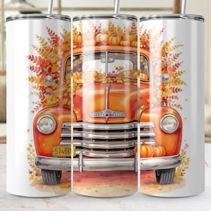 Fall Truck Tumbler Wrap, Autumn Pumpkin 20oz Skinny Tumbler Design, Seamless PNG, Vintage Truck, Sublimation Design, Digital Download