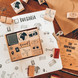 Travel Stamp Set The Adventure Book Wood Rubber Travel Journal Stamps Wooden Planner Journaling Ink Pad Stationery Paper Decorative Icons