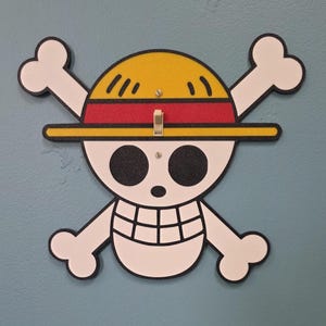 May include: A light switch cover plate featuring a skull and crossbones design with a yellow straw hat. The skull is white with black eye sockets and a grid-patterned mouth. A red band encircles the hat, which has a yellow brim and black accents.