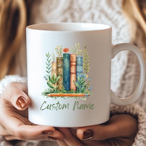 Personalized Floral Bookshelf Mug, Teacher Gift, Coffee Mug for Book Lovers, Custom Name & Title,Unique Personalized Librarian Bookworm Gift