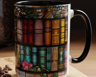 Bookish Floral Bookshelf Mug: Stained Glass Ceramic Coffee Cup