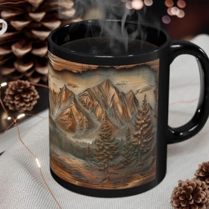 Woodsy Mountain Forest Design Coffee Mug,Mountain and Trees Coffee Mug,Wood Panel Effect Tea Mug,Carved Wood Trees Theme,Mountain Mug,Retro