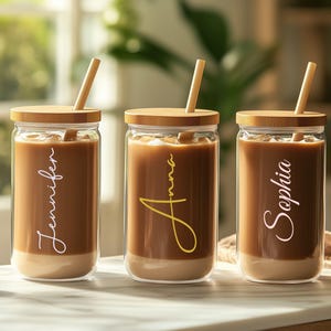 Personalized Iced Coffee Cup: 16oz Glass Can with Lid & Straw