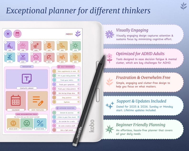 ADHD Kobo Libra Colour Planner for 2026 | Kobo Libra Colour Template | Kobo Libra Colour Daily, Weekly, Monthly, Journal, Calendar image 2