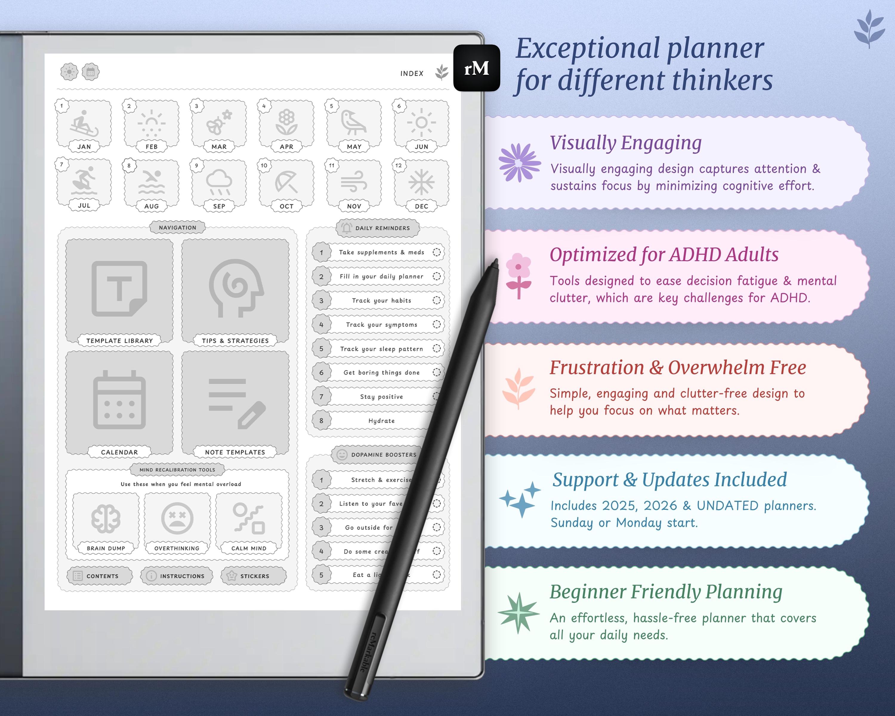 ADHD Digital Planner 2026 for Remarkable Tablet | Eink Notebook ...