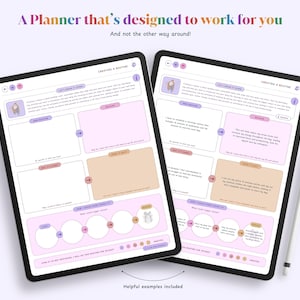 May include: A digital planner on a tablet screen with the text "A Planner that's designed to work for you" and "Creating a Routine". The planner includes sections for "Let's Make It Known", "How Much", "What It's About", "When It's Done", "What Could Trigger This", "How Long", "What's Next", "Round & Round", "Helpful Examples Included".